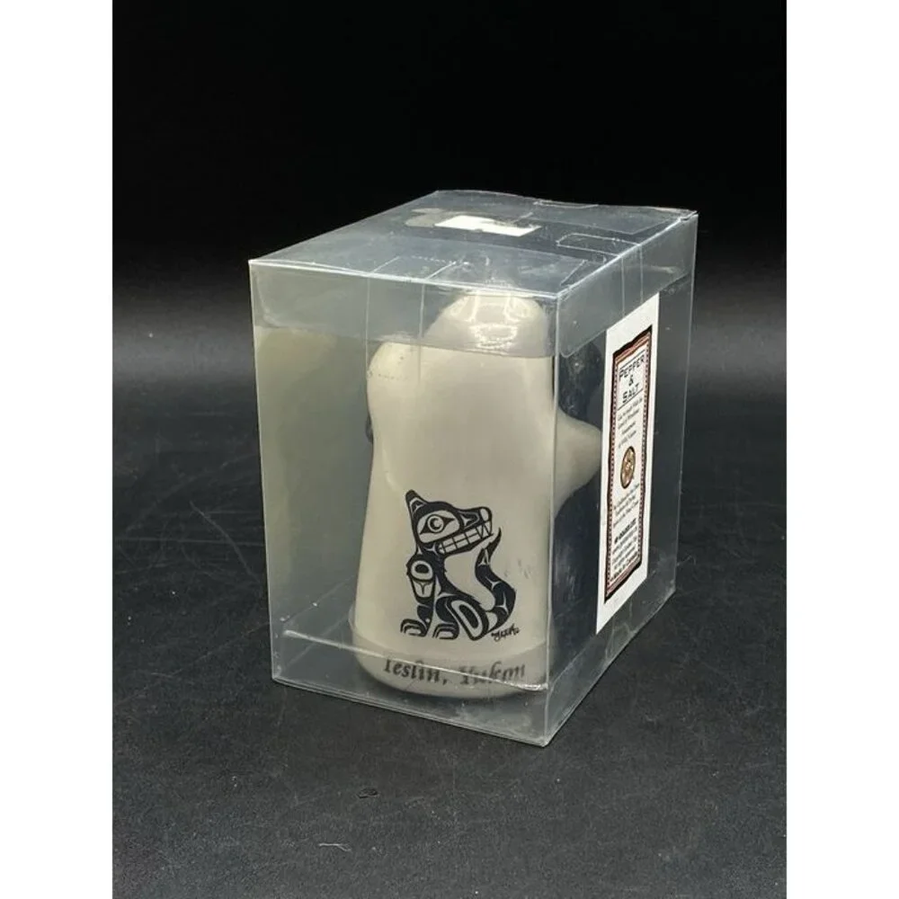 Teslin Yukon Salt & Pepper Shakers Souvenir Ceramic Canada First Nation Wolf
